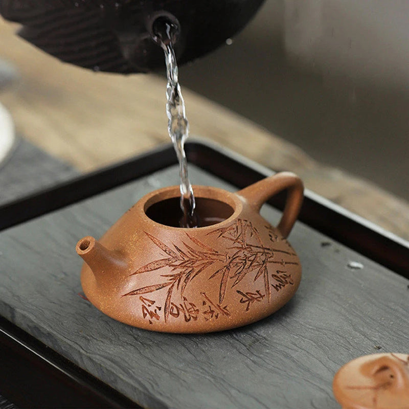 150ml Yixing Purple Clay Stone Scoop Teapots Famous Handmade Bamboo Leaf Pattern Tea Pot Kettle Chinese High-end Zisha Tea Set