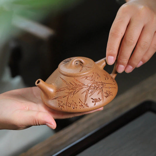 150ml Yixing Purple Clay Stone Scoop Teapots Famous Handmade Bamboo Leaf Pattern Tea Pot Kettle Chinese High-end Zisha Tea Set