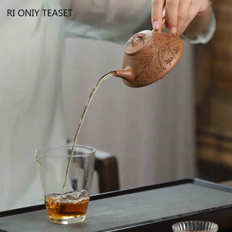 150ml Yixing Purple Clay Stone Scoop Teapots Famous Handmade Bamboo Leaf Pattern Tea Pot Kettle Chinese High-end Zisha Tea Set