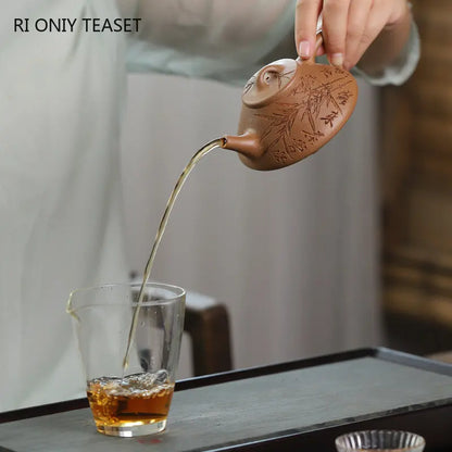 150ml Yixing Purple Clay Stone Scoop Teapots Famous Handmade Bamboo Leaf Pattern Tea Pot Kettle Chinese High-end Zisha Tea Set