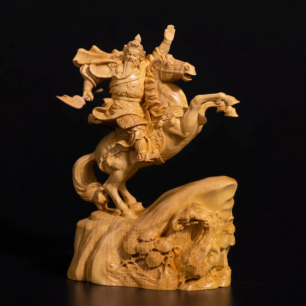 15CM Guan Yu Wood Statue Boxwood Carving Wealth God Lucky Riding Guan Gong Feng Shui Fortune Town Home Decoration