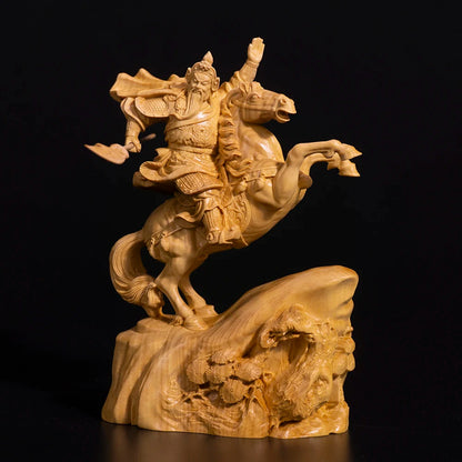 15CM Guan Yu Wood Statue Boxwood Carving Wealth God Lucky Riding Guan Gong Feng Shui Fortune Town Home Decoration