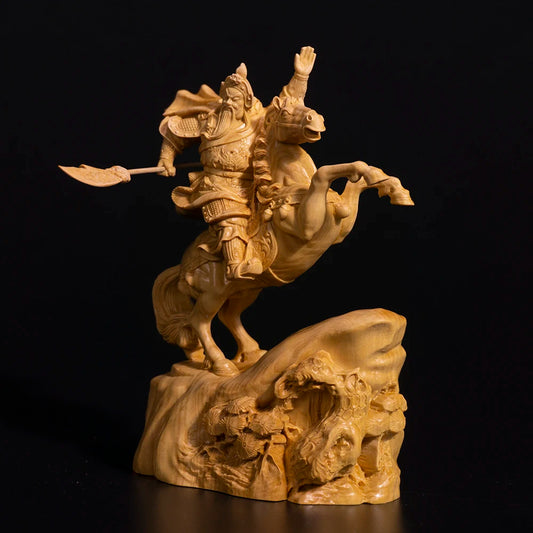 15CM Guan Yu Wood Statue Boxwood Carving Wealth God Lucky Riding Guan Gong Feng Shui Fortune Town Home Decoration