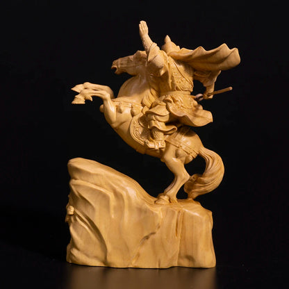 15CM Guan Yu Wood Statue Boxwood Carving Wealth God Lucky Riding Guan Gong Feng Shui Fortune Town Home Decoration