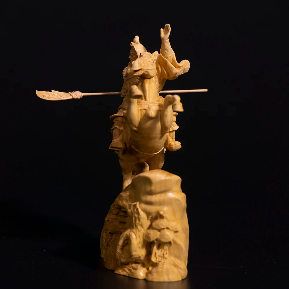 15CM Guan Yu Wood Statue Boxwood Carving Wealth God Lucky Riding Guan Gong Feng Shui Fortune Town Home Decoration