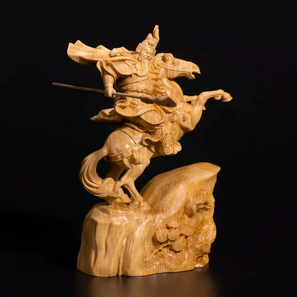 15CM Guan Yu Wood Statue Boxwood Carving Wealth God Lucky Riding Guan Gong Feng Shui Fortune Town Home Decoration