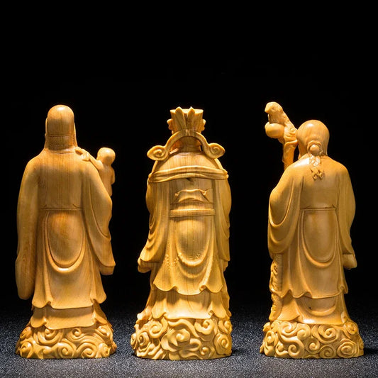 15cm Feng Shui BoxWood FU LU SHOU Three Gods Statue Crafts God Mascot Praying Crafts Home Decor