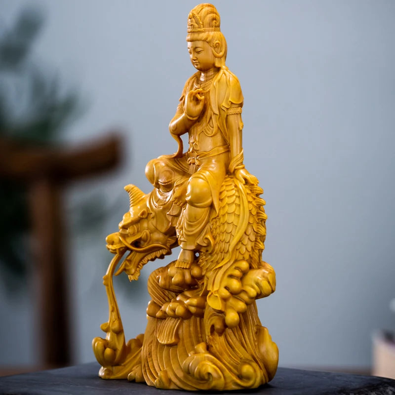15cm Guan Yin Wood Buddha Statue Boxwood Dragon Guanyin Bodhisattva Solid Wood Sculpture Feng Shui Home Decor