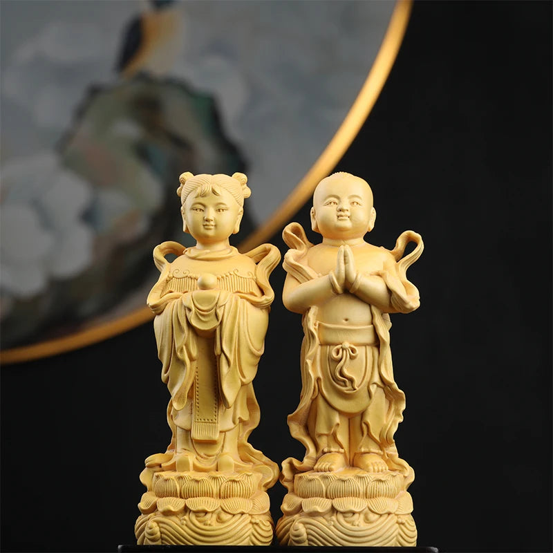 15cm Mythology Boy And Girl Boxwood Carving Crafts Chinese Home Living Room Decoration Ornaments Solid Wood Classical Figures