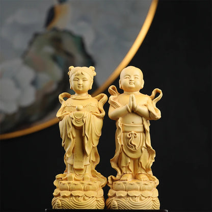 15cm Mythology Boy And Girl Boxwood Carving Crafts Chinese Home Living Room Decoration Ornaments Solid Wood Classical Figures