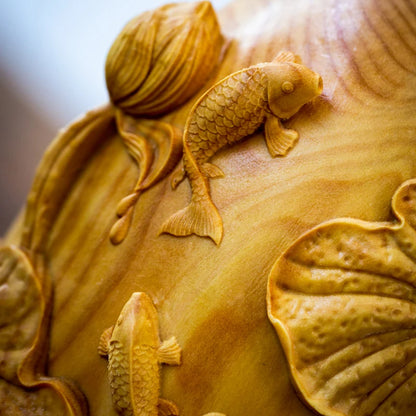 15cm Vase Wood Carving Chinese Carp with Lotus Vase Poplar Real Wood Sculpture Handicraft Articles Home Decor
