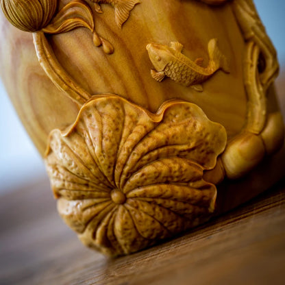 15cm Vase Wood Carving Chinese Carp with Lotus Vase Poplar Real Wood Sculpture Handicraft Articles Home Decor