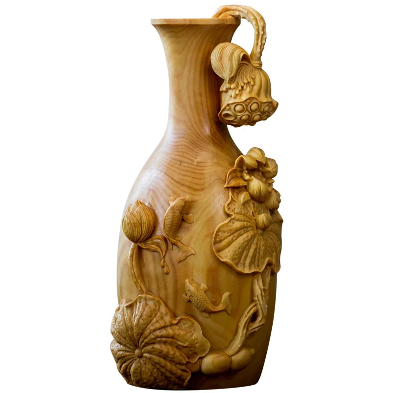 15cm Vase Wood Carving Chinese Carp with Lotus Vase Poplar Real Wood Sculpture Handicraft Articles Home Decor