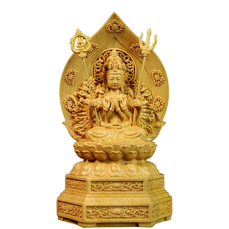 15cm Wood Thousand Hands Guan Yin Boxwood Sculpture Buddha Statue Feng Shui Sitting Lotus Thousand Hands Guanyin Home Decor