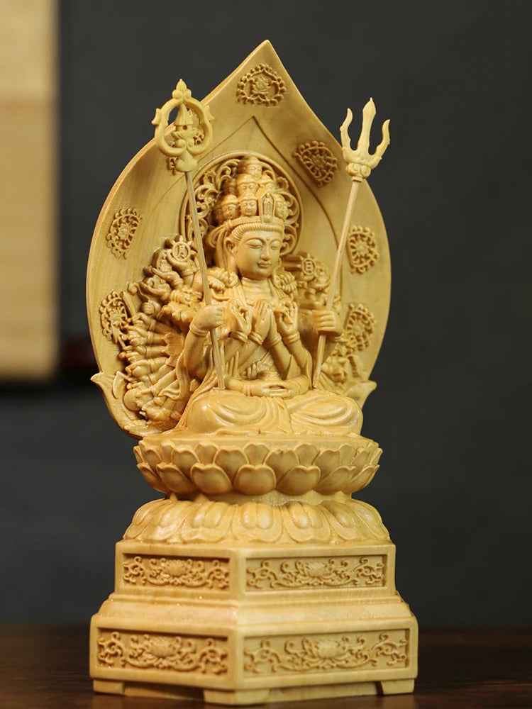 15cm Wood Thousand Hands Guan Yin Boxwood Sculpture Buddha Statue Feng Shui Sitting Lotus Thousand Hands Guanyin Home Decor
