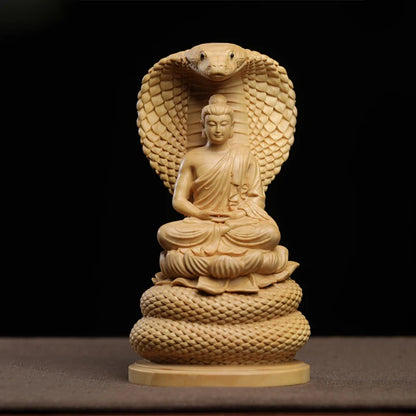 15cm boxwood wooden statue Snake Buddha Shakyamuni family God Buddha adornment solid wood wood sculpture