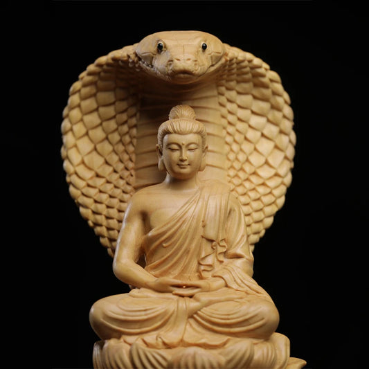 15cm boxwood wooden statue Snake Buddha Shakyamuni family God Buddha adornment solid wood wood sculpture