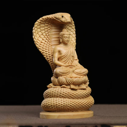 15cm boxwood wooden statue Snake Buddha Shakyamuni family God Buddha adornment solid wood wood sculpture