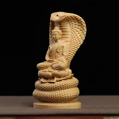 15cm boxwood wooden statue Snake Buddha Shakyamuni family God Buddha adornment solid wood wood sculpture