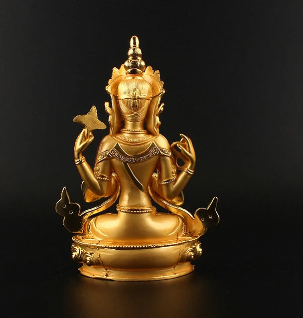 15cm tall Buddhism HOME efficacious Protection bless family Safe Avalokitesvara Four arm Guanyin Buddha brass gilding statue