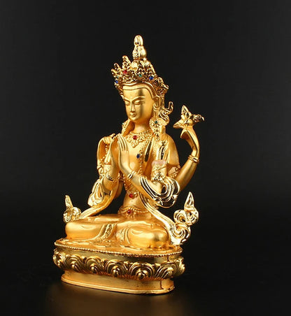 15cm tall Buddhism HOME efficacious Protection bless family Safe Avalokitesvara Four arm Guanyin Buddha brass gilding statue