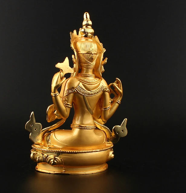 15cm tall Buddhism HOME efficacious Protection bless family Safe Avalokitesvara Four arm Guanyin Buddha brass gilding statue