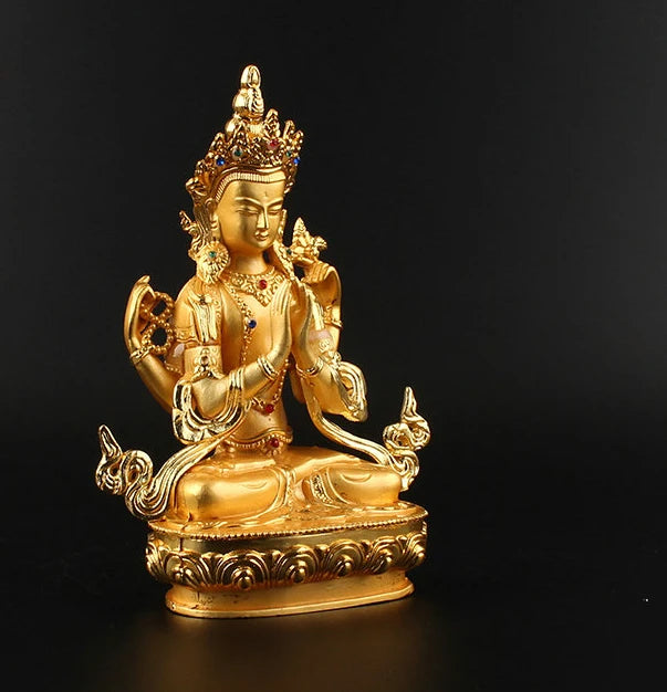 15cm tall Buddhism HOME efficacious Protection bless family Safe Avalokitesvara Four arm Guanyin Buddha brass gilding statue