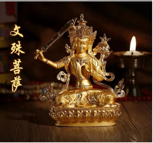 15cm tall Buddhism HOME efficacious Protection bless family Safe Gold-plated the Bodhisattva Manjusri Buddha brass statue