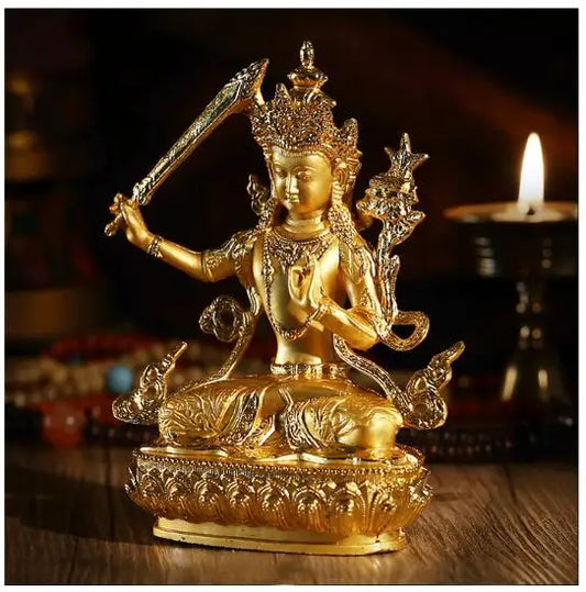 15cm tall Buddhism HOME efficacious Protection bless family Safe Gold-plated the Bodhisattva Manjusri Buddha brass statue