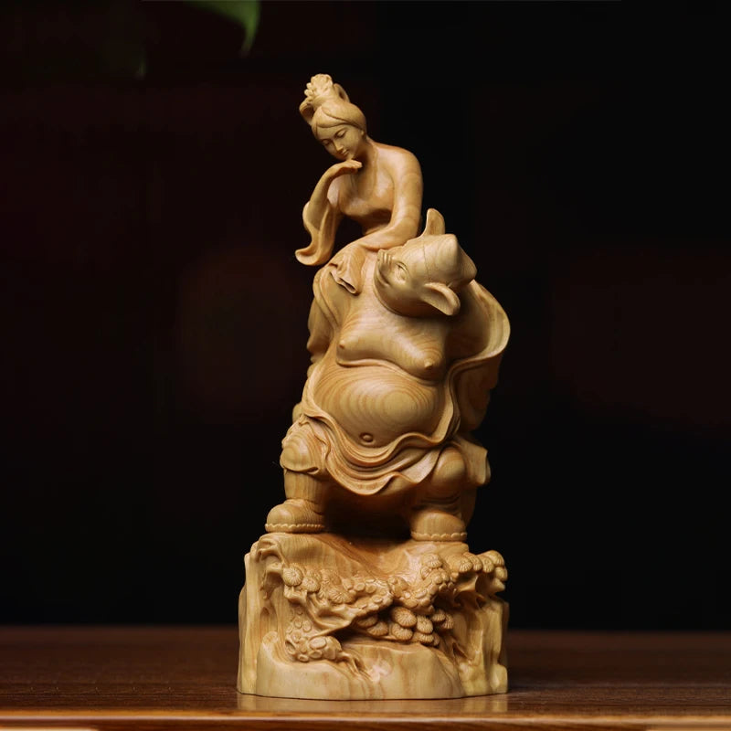 15cmBoxwood wood statue Pig Bajie back daughter-in-law decoration family car solid wood sculpture