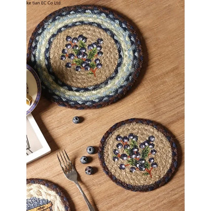 16-32cm American retro creative Blueberry round placemat Handmade jute woven coaster Luxury table placemat Insulated pot Mat