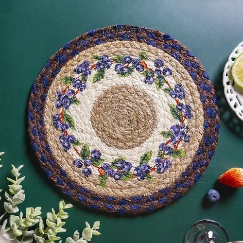 16-32cm American retro creative Blueberry round placemat Handmade jute woven coaster Luxury table placemat Insulated pot Mat