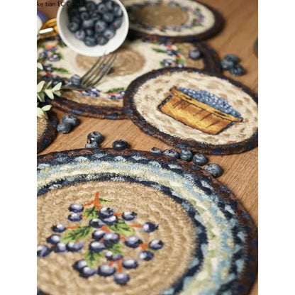 16-32cm American retro creative Blueberry round placemat Handmade jute woven coaster Luxury table placemat Insulated pot Mat