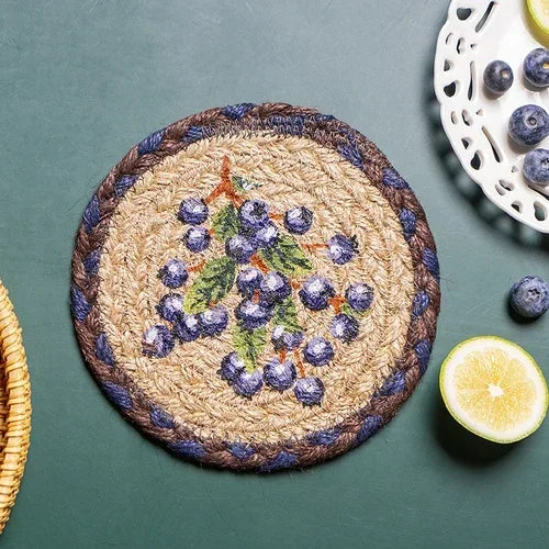 16-32cm American retro creative Blueberry round placemat Handmade jute woven coaster Luxury table placemat Insulated pot Mat