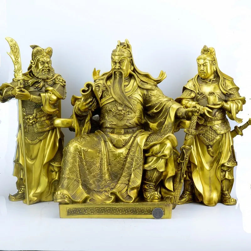 16" Chinese Bronze Guangong Guan Yu Guan Ping Zhou Cang Warrior God Statue Set
