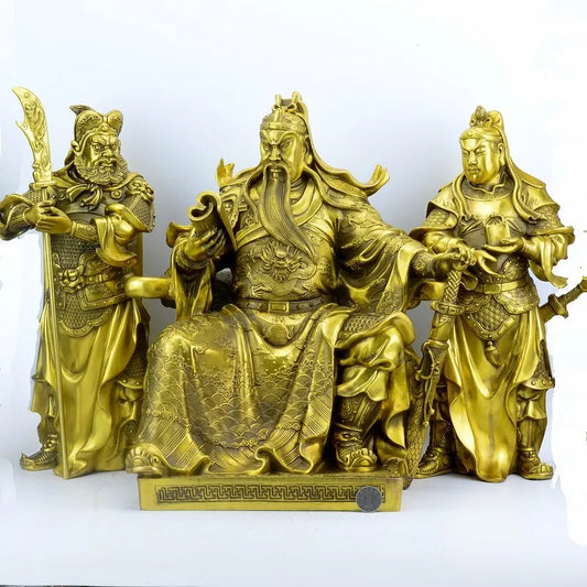 16" Chinese Bronze Guangong Guan Yu Guan Ping Zhou Cang Warrior God Statue Set