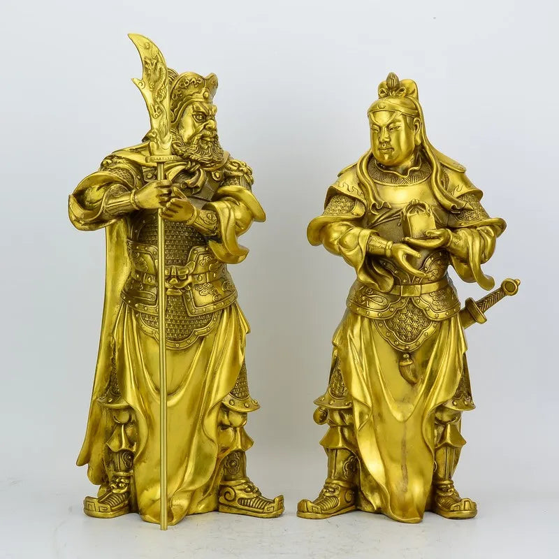 16" Chinese Bronze Guangong Guan Yu Guan Ping Zhou Cang Warrior God Statue Set