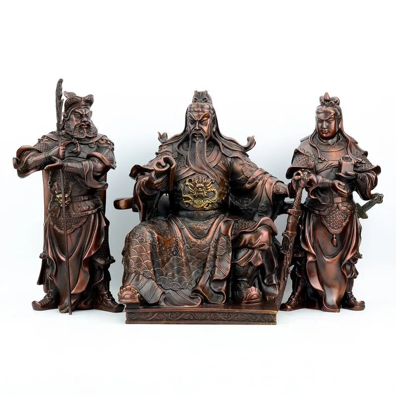 16" Chinese Bronze Guangong Guan Yu Guan Ping Zhou Cang Warrior God Statue Set