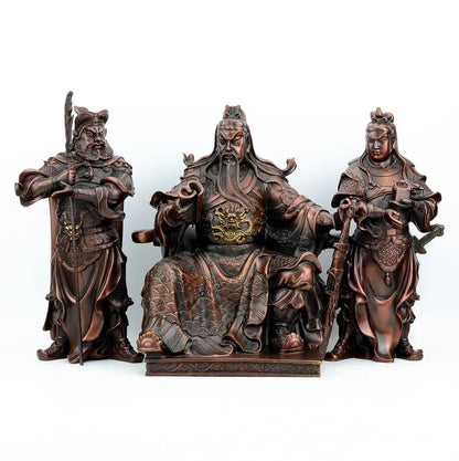 16" Chinese Bronze Guangong Guan Yu Guan Ping Zhou Cang Warrior God Statue Set