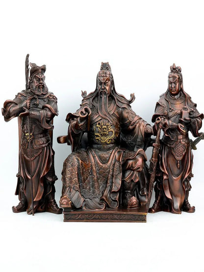 16" Chinese Bronze Guangong Guan Yu Guan Ping Zhou Cang Warrior God Statue Set