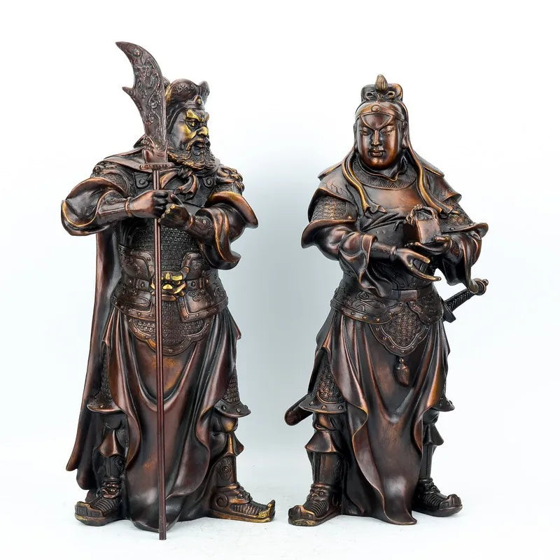 16" Chinese Bronze Guangong Guan Yu Guan Ping Zhou Cang Warrior God Statue Set