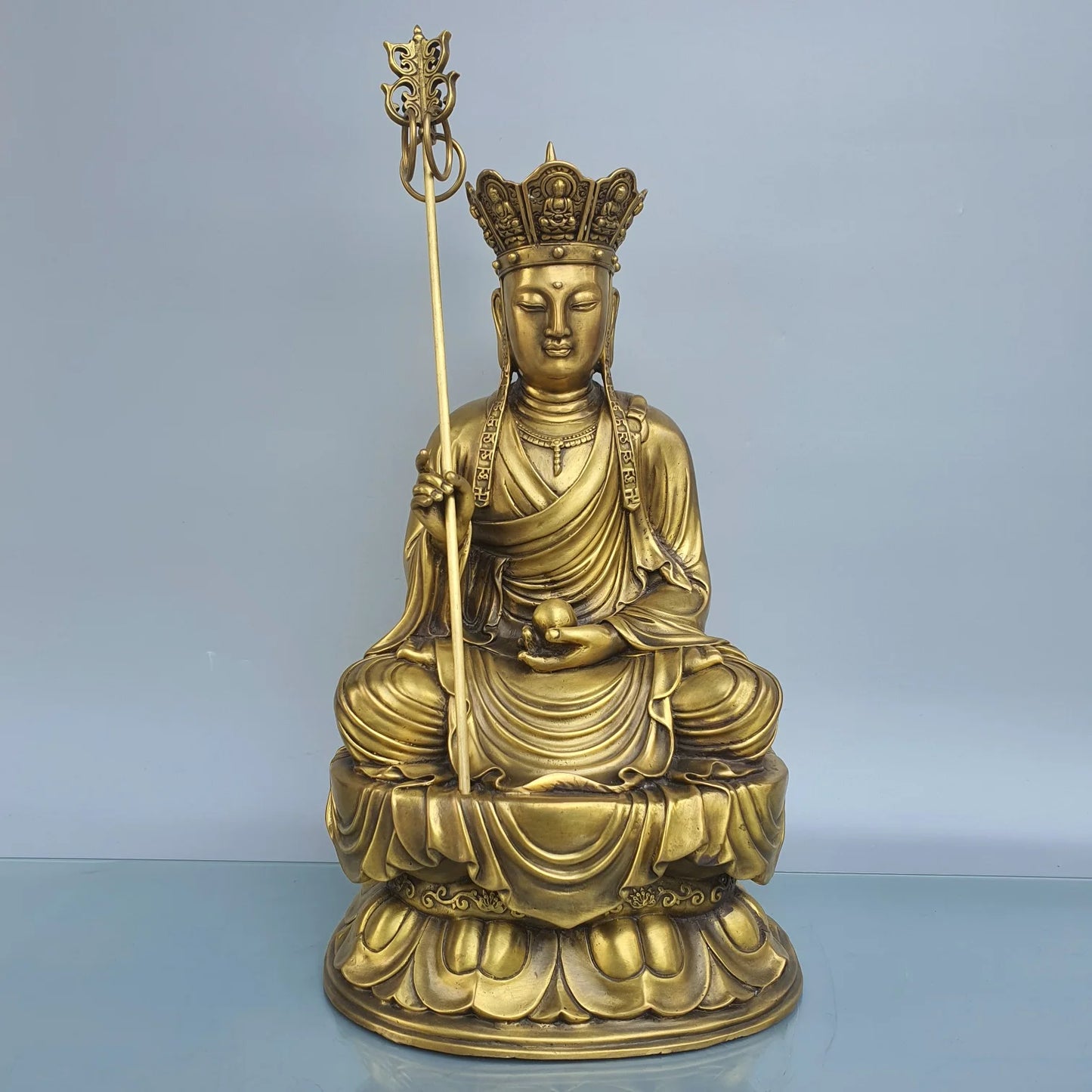 16"Tibet Temple Collection Old Brass Ksitigarbha Bodhisattva Amitabha Sitting Buddha Lotus Platform Worship Hall Town house