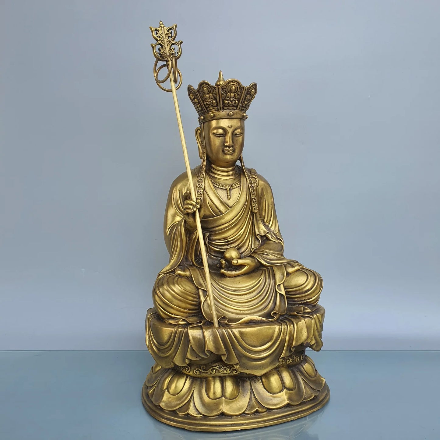 16"Tibet Temple Collection Old Brass Ksitigarbha Bodhisattva Amitabha Sitting Buddha Lotus Platform Worship Hall Town house