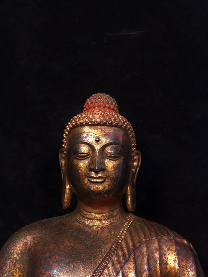 16"Tibet Temple Collection  Old Bronze Cinnabar Sakyamuni Tathagata Buddha Lotus stage Sitting Buddha Worship Hall Town house
