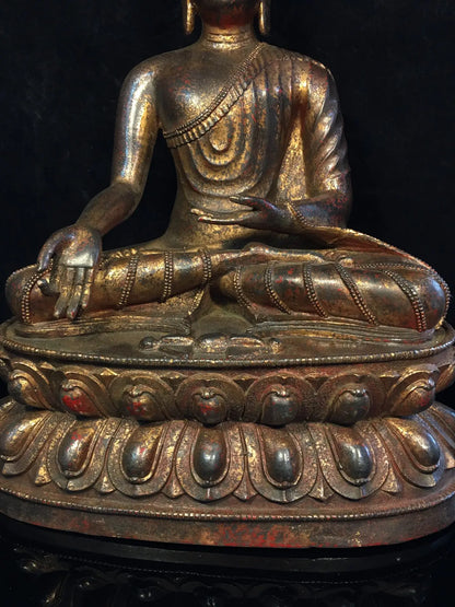 16"Tibet Temple Collection  Old Bronze Cinnabar Sakyamuni Tathagata Buddha Lotus stage Sitting Buddha Worship Hall Town house