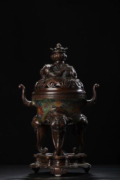 16"Tibet Temple Collection Old Bronze Cloisonne Enamel Peace Elephant Statue Elephant trunk three legged incense burner Base