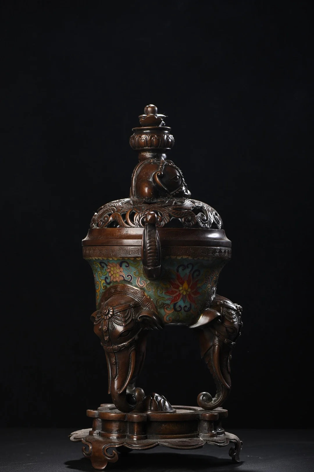 16"Tibet Temple Collection Old Bronze Cloisonne Enamel Peace Elephant Statue Elephant trunk three legged incense burner Base