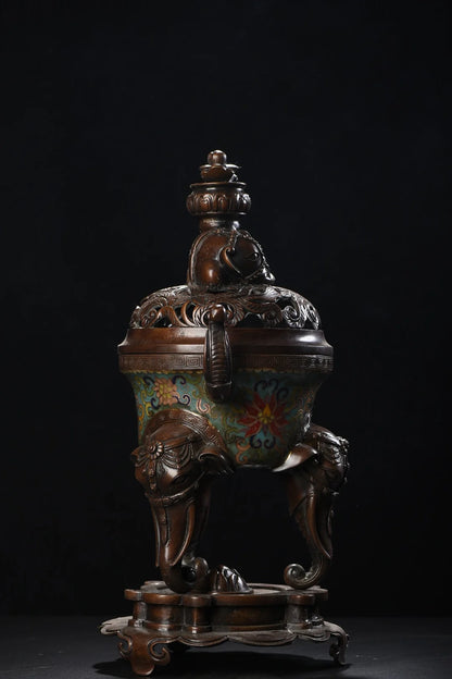 16"Tibet Temple Collection Old Bronze Cloisonne Enamel Peace Elephant Statue Elephant trunk three legged incense burner Base