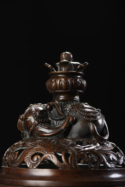16"Tibet Temple Collection Old Bronze Cloisonne Enamel Peace Elephant Statue Elephant trunk three legged incense burner Base