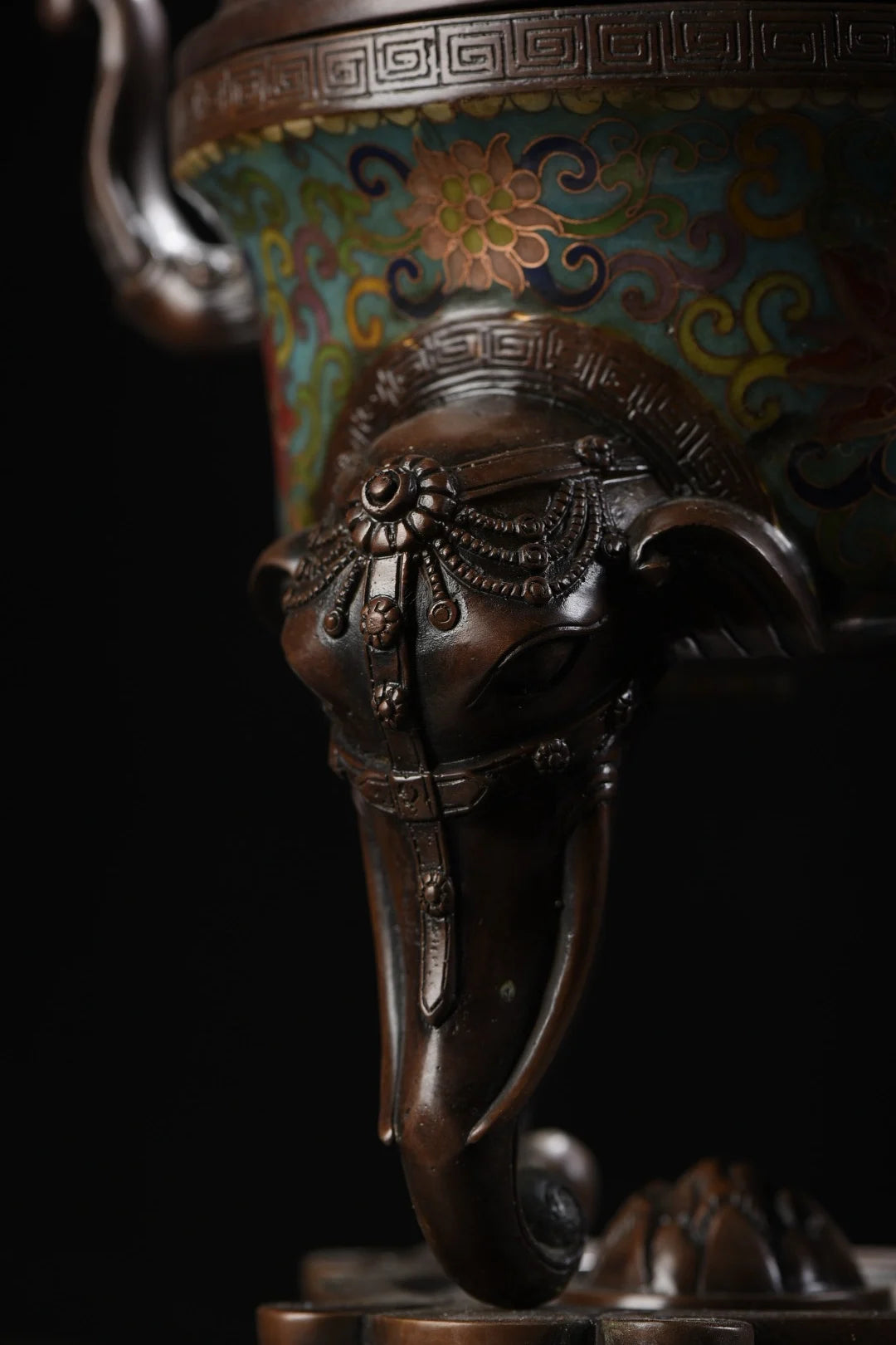 16"Tibet Temple Collection Old Bronze Cloisonne Enamel Peace Elephant Statue Elephant trunk three legged incense burner Base